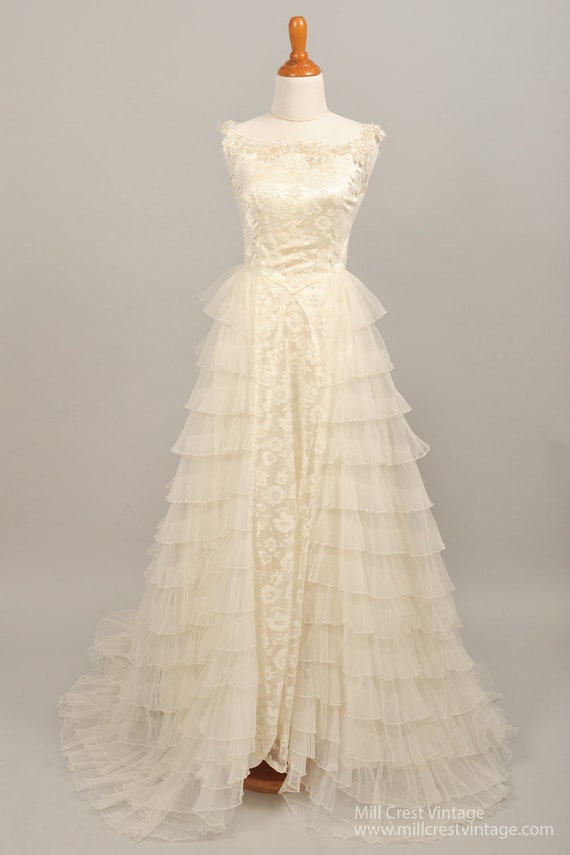 1960 Jeweled Tiered Vintage Wedding Gown