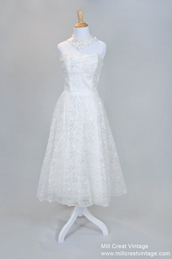 1950 Strapless Tea Length Vintage Wedding Dress