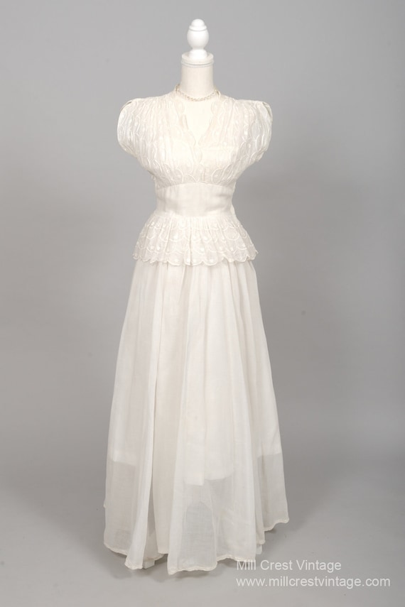 1940 White Embroidered Organdy Vintage Wedding Gow