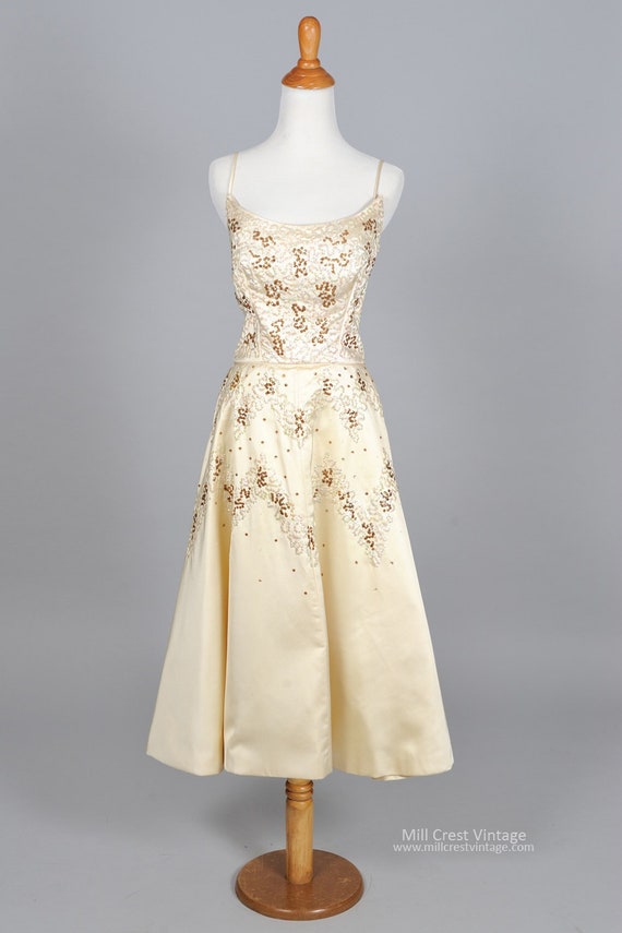 1950 Ivory Satin And Sequin Vintage Wedding Dress Etsy