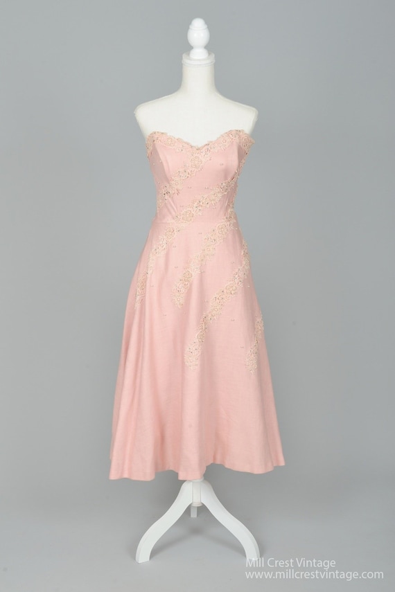 1950 Pink Strapless Linen Vintage Wedding Dress