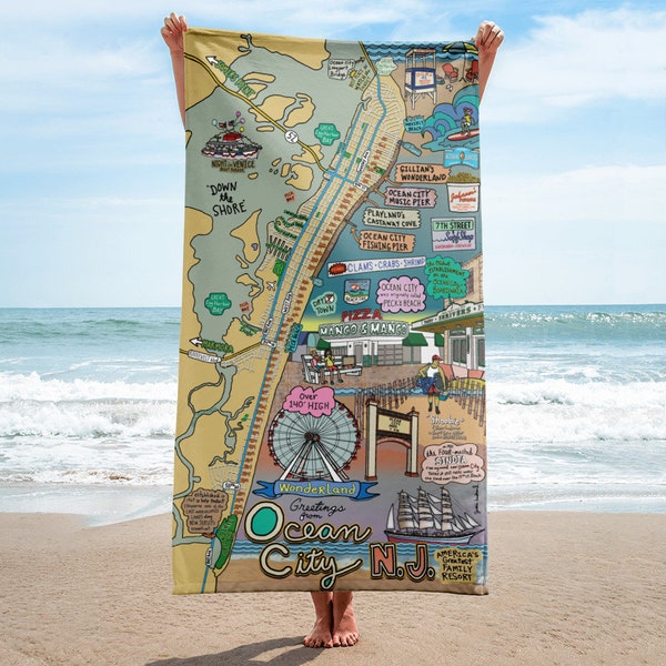 Ocean City New Jersey Map Beach Towel, Map Art, OCNJ