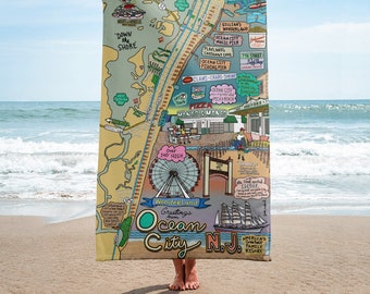 Ocean City New Jersey Map Beach Towel, Map Art, OCNJ