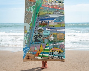 Avalon, Stone Harbor, New Jersey Map Beach Towel, Map Art