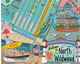 Map of North Wildwood, New Jersey, Beach town, NJ Beaches (customization and framing options)