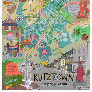 Carte de Kutztown, PA, comté de Berks, Université de Kutztown (options de personnalisation et de cadrage)