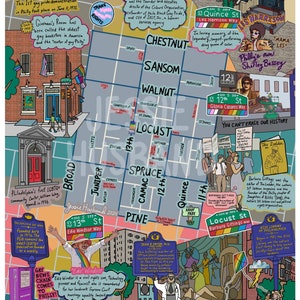 Carte du quartier gay de Philadelphie, Philadelphie, carte du quartier de Philadelphie, illustrations de carte, Philadelphie, Pennsylvanie (options de personnalisation et de cadrage)