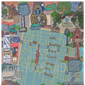 May include: A colorful illustrated map of Queen Village in Philadelphia, Pennsylvania. The map highlights key landmarks, streets, and historical points of interest in the neighborhood. The map is drawn in a whimsical style with hand-drawn lettering and illustrations.