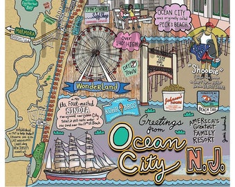 Mapa Ocean City, New Jersey, OCNJ, Beach town, plaże NJ (opcje personalizacji i oprawy)
