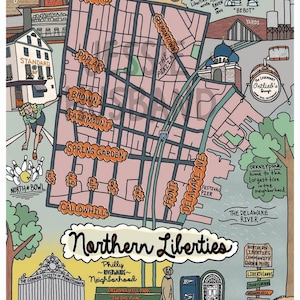 Könnte beinhalten: Eine farbenfrohe illustrierte Karte von Northern Liberties, Philadelphia, Pennsylvania. Die Karte hebt lokale Sehenswürdigkeiten, Unternehmen und Sehenswürdigkeiten hervor. Die Karte enthält den Text "The Piazza", "Schmidt's", "Do What You Love", "Girard", "Standard", "Poplar", "Brown", "Fairmount", "Spring Garden", "Germantown", "The Piazza", "95", "Edgar Allan Poe", "Be Bot", "Yards", "The Legendary Ortlieb's Lounge", "North Bowl", "Callowhill", "Front", "Delaware Ave", "Festival Pier", "Orkney Park", "The Delaware River", "Northern Liberties Community Garden Plots", "Liberty Lands", "Orkney Hill", "Freddy Acres", "The German Society of Pennsylvania", "Founded AD 1764", "Philly Riverwards Neighbourhood", "Orlanna Hill Park", "The Dog Park", und "Jessie Husband".