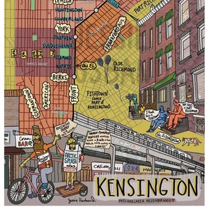 Könnte beinhalten: Eine farbenfrohe, illustrierte Karte des Kensington-Viertels in Philadelphia, Pennsylvania. Die Karte hebt lokale Sehenswürdigkeiten, Geschäfte und interessante Orte hervor. Die Karte ist im Cartoon-Stil mit leuchtenden Farben und skurrilen Details gezeichnet.