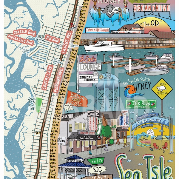 Map of Sea Isle City, New Jersey,SIC, Beach town, NJ Beaches (customization and framing options)