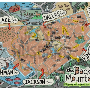 Map of The Back Mountain, Dallas, Harveys Lake, Shavertown, Lehman, PA, Pennsylvania Map (customization and framing options available)
