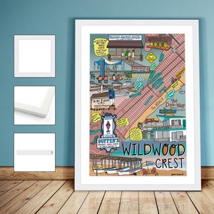 May include: A colorful illustrated map of Wildwood Crest, New Jersey, featuring landmarks like the Doo-Wop District, Sunset Lake, and Brittons Gourmet Bakery. The map is drawn in a whimsical style with hand-drawn details and text.