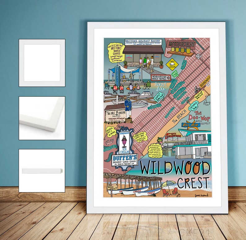 May include: A colorful illustrated map of Wildwood Crest, New Jersey, featuring landmarks like the Doo-Wop District, Sunset Lake, and Brittons Gourmet Bakery. The map is drawn in a whimsical style with hand-drawn details and text.