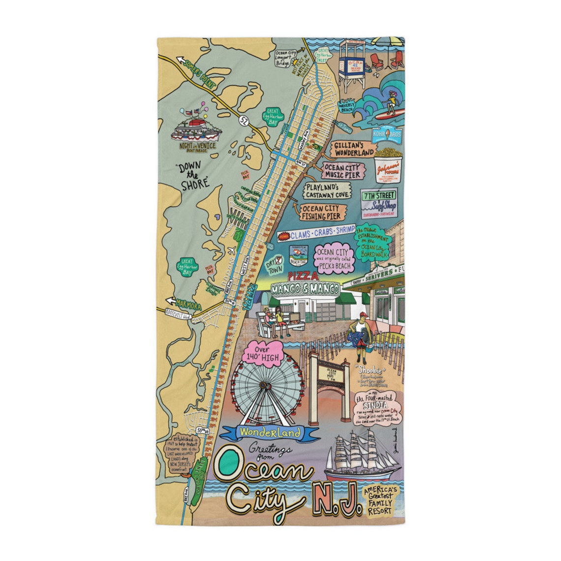 Ocean City New Jersey Map Beach Towel Map Art Ocnj Etsy