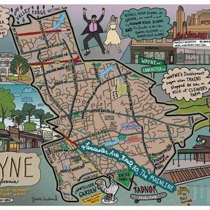 Mapa de Wayne, Pensilvania, mapa de vecindarios principales, arte de mapas, Filadelfia, Pensilvania (opciones de personalización y enmarcado)