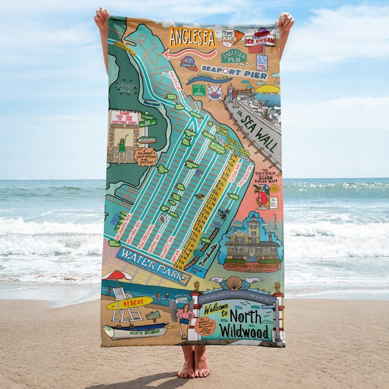 May include: A colorful illustrated map of North Wildwood, New Jersey, with a beach scene and the text "Welcome to North Wildwood".