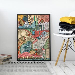May include: A colourful, hand-drawn illustration of a forest scene with lyrics from the song "Rush On" by the band "The Wombats". The lyrics include "I'll get you through tonight, your crazy, I'll get you through tonight, your crazy".