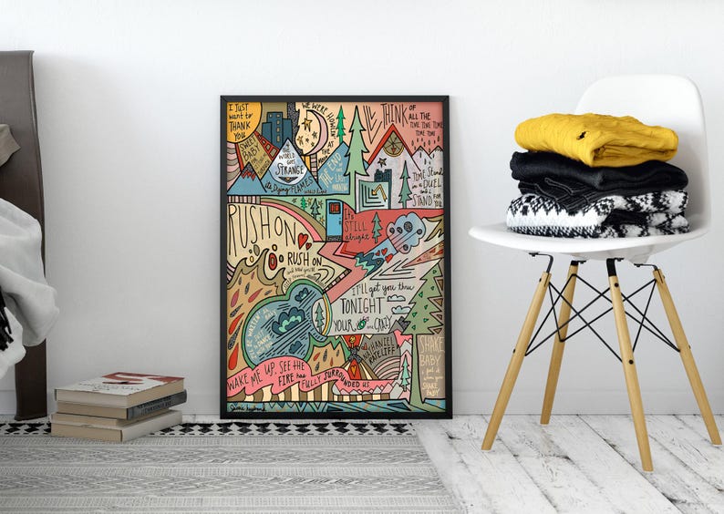 May include: A colourful, hand-drawn illustration of a forest scene with lyrics from the song "Rush On" by the band "The Wombats". The lyrics include "I'll get you through tonight, your crazy, I'll get you through tonight, your crazy".