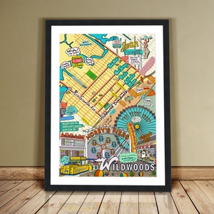 Może przedstawiać: Kolorowa, ilustrowana mapa Wildwood w stanie New Jersey, przedstawiająca takie punkty orientacyjne jak Morey's Piers, plaża i promenada. Mapa jest w czarnej ramie i ma styl vintage.