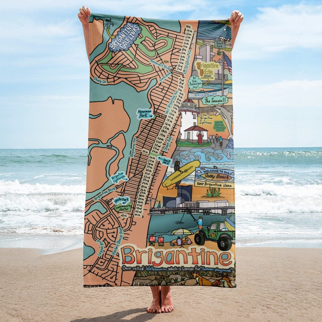 [THE MUSEUM VISITOR]★CITY DRAWING GRAPHIC BEACH TOWEL Brigantine, New Jersey Map Beach Towel, Map Art - Etsy