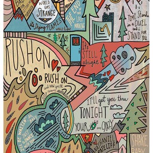 May include: A colourful illustration with a whimsical, hand-drawn style. The image features a variety of text, including "Sweet Baby", "Rush On", "Wake Me Up", "See the Fire", "Think of All the Time", "Time Stands in a Duel", "It's Still Alright", "I'll Get You Thru Tonight", "Your Keys are Crazy", "Shake Baby", and "Nathaniel Rateliff".