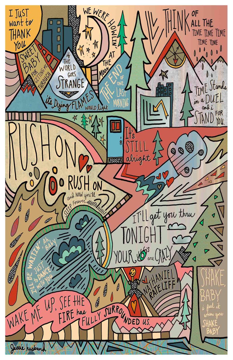 May include: A colourful illustration with a whimsical, hand-drawn style. The image features a variety of text, including "Sweet Baby", "Rush On", "Wake Me Up", "See the Fire", "Think of All the Time", "Time Stands in a Duel", "It's Still Alright", "I'll Get You Thru Tonight", "Your Keys are Crazy", "Shake Baby", and "Nathaniel Rateliff".