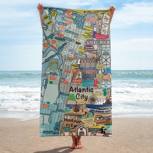 Atlantic City, Ventnor City, New Jersey Map Beach Towel, Map Art