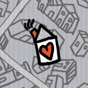 May include: A black and white illustration of a house with a red heart on the front. The house is surrounded by other houses in a similar style.