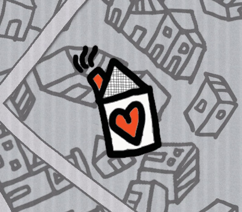 May include: A black and white illustration of a house with a red heart on the front. The house is surrounded by other houses in a similar style.
