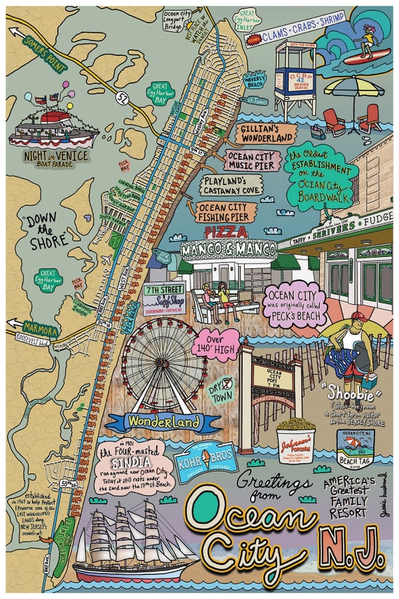 Map of Ocean City New Jersey OCNJ Beach Town NJ Beaches Etsy