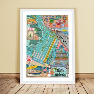 Może przedstawiać: Kolorowa, ilustrowana mapa North Wildwood w stanie New Jersey. Mapa przedstawia punkty orientacyjne, firmy i ulice. Tekst "Welcome to North Wildwood" znajduje się na dole mapy.