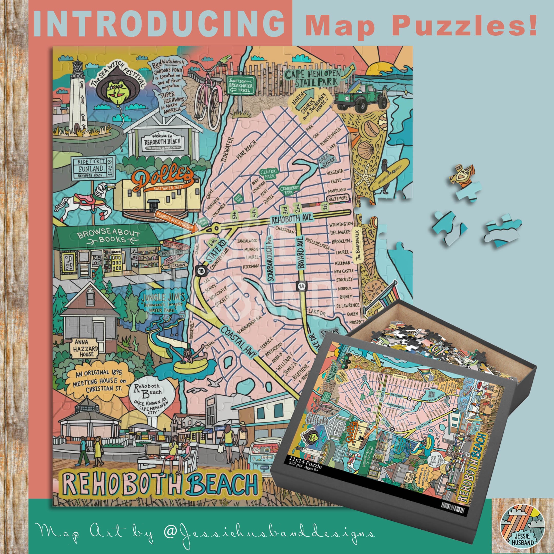 Beach Town Map Puzzles, New Jersey, Delaware, Sea Isle City, Rehoboth Beach, Brigantine, Avalon, Ogunquit, Maine and more!