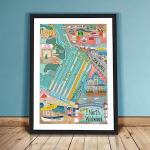Może przedstawiać: Kolorowa, ilustrowana mapa North Wildwood w stanie New Jersey. Mapa przedstawia ulice, punkty orientacyjne i firmy w okolicy. Mapa jest oprawiona w czarną ramkę i ma białe tło.