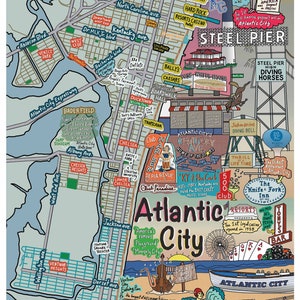 May include: Colorful illustrated map of Atlantic City, New Jersey, featuring landmarks like Steel Pier, casinos, and the boardwalk. Includes text and illustrations of the city's attractions, with a vintage aesthetic.