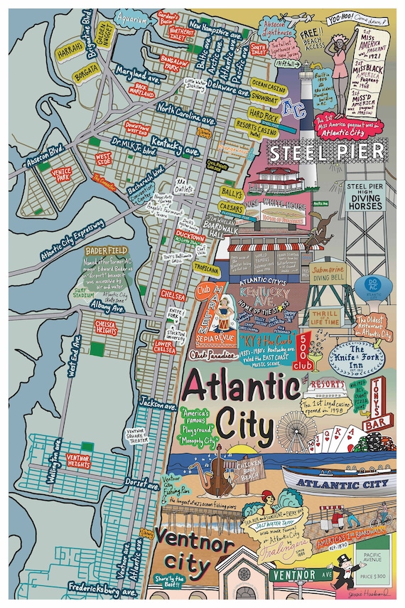 Map of Atlantic City Ventnor City New Jersey Beach Town NJ 