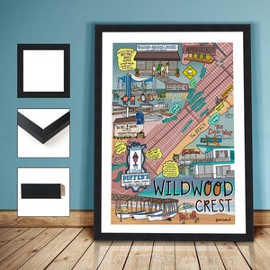 May include: A colorful illustrated map of Wildwood Crest, New Jersey, featuring landmarks like Britton's Gourmet Bakery, Sunset Lake, The Beach, and The Doo-Wop District. The map is drawn in a cartoon style with bright colors and whimsical details.