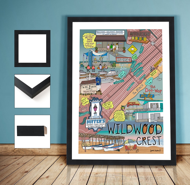 May include: A colorful illustrated map of Wildwood Crest, New Jersey, featuring landmarks like Britton's Gourmet Bakery, Sunset Lake, The Beach, and The Doo-Wop District. The map is drawn in a cartoon style with bright colors and whimsical details.
