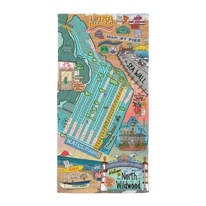 May include: A colorful illustrated map of North Wildwood, New Jersey. The map features landmarks, streets, and businesses. The map is surrounded by a blue border and has a white background.