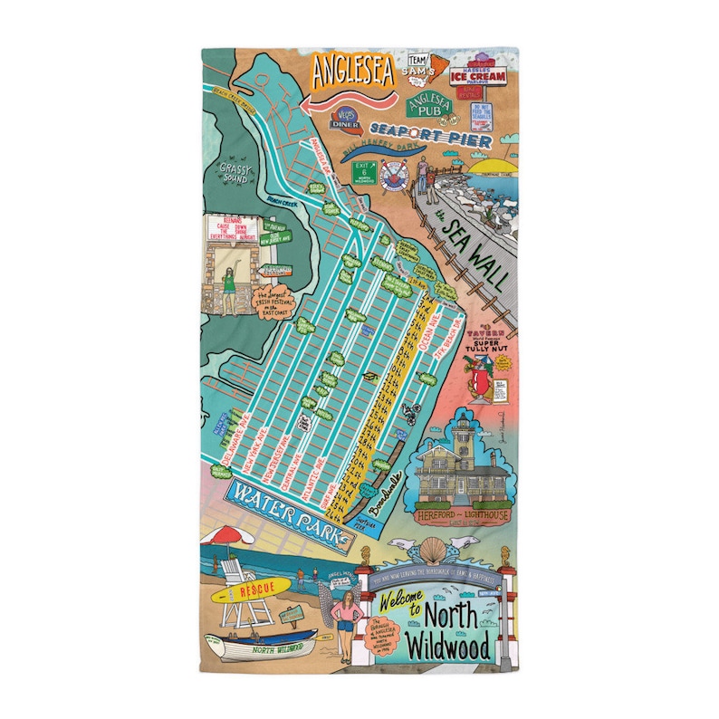 May include: A colorful illustrated map of North Wildwood, New Jersey. The map features landmarks, streets, and businesses. The map is surrounded by a blue border and has a white background.