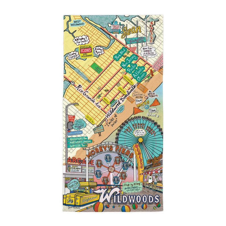 May include: A colourful illustrated map of Wildwoods, New Jersey, featuring a Ferris wheel, boardwalk, and the text "Wildwoods".