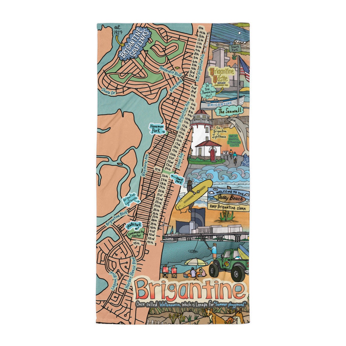 Brigantine New Jersey Map Beach Towel Map Art Etsy
