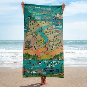 Harveys Lake, PA Beach Towel, Map Art