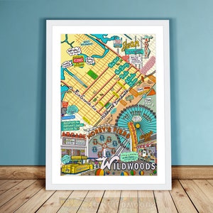 Może przedstawiać: Kolorowa, ilustrowana mapa Wildwood w stanie New Jersey, przedstawiająca takie punkty orientacyjne jak Morey's Piers, promenada i plaża. Mapa jest narysowana w kresk&oacute;wkowym stylu z jasnymi kolorami i zabawnymi szczeg&oacute;łami.