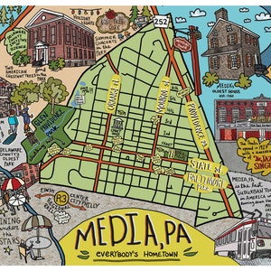 Mapa de medios, Pensilvania, Map Art, Filadelfia, Pensilvania, DELCO (opciones de personalización y encuadre)