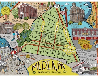 Karte von Media, Pennsylvania, Map Art, Philly, Pennsylvania, DELCO (Individualisierungs- und Rahmenoptionen)