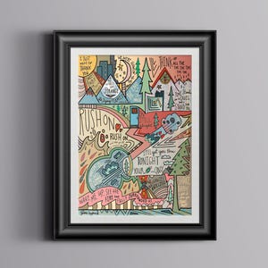 May include: A colourful illustration of a song lyric with a hand-drawn style. The lyrics include "Rush On", "Wake Me Up", "See The Fire", "Think Of All The Time", "I'll Get You Thru Tonight", "Your Crazy", "Still Alright", "The End", "The Duel", "Stand For Something", "Shake Baby", "We Were Howlin'" and "Strange".
