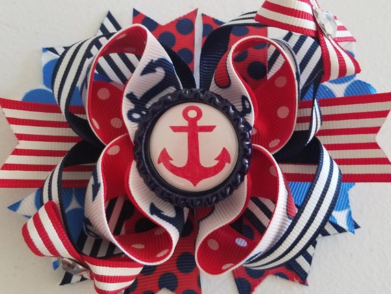 HANDMADE ANCHOR BOUTIQUE HAIR BOW 5/" NAVY WHITE NAUTICAL ALLIGATOR CLIP GROSGRA