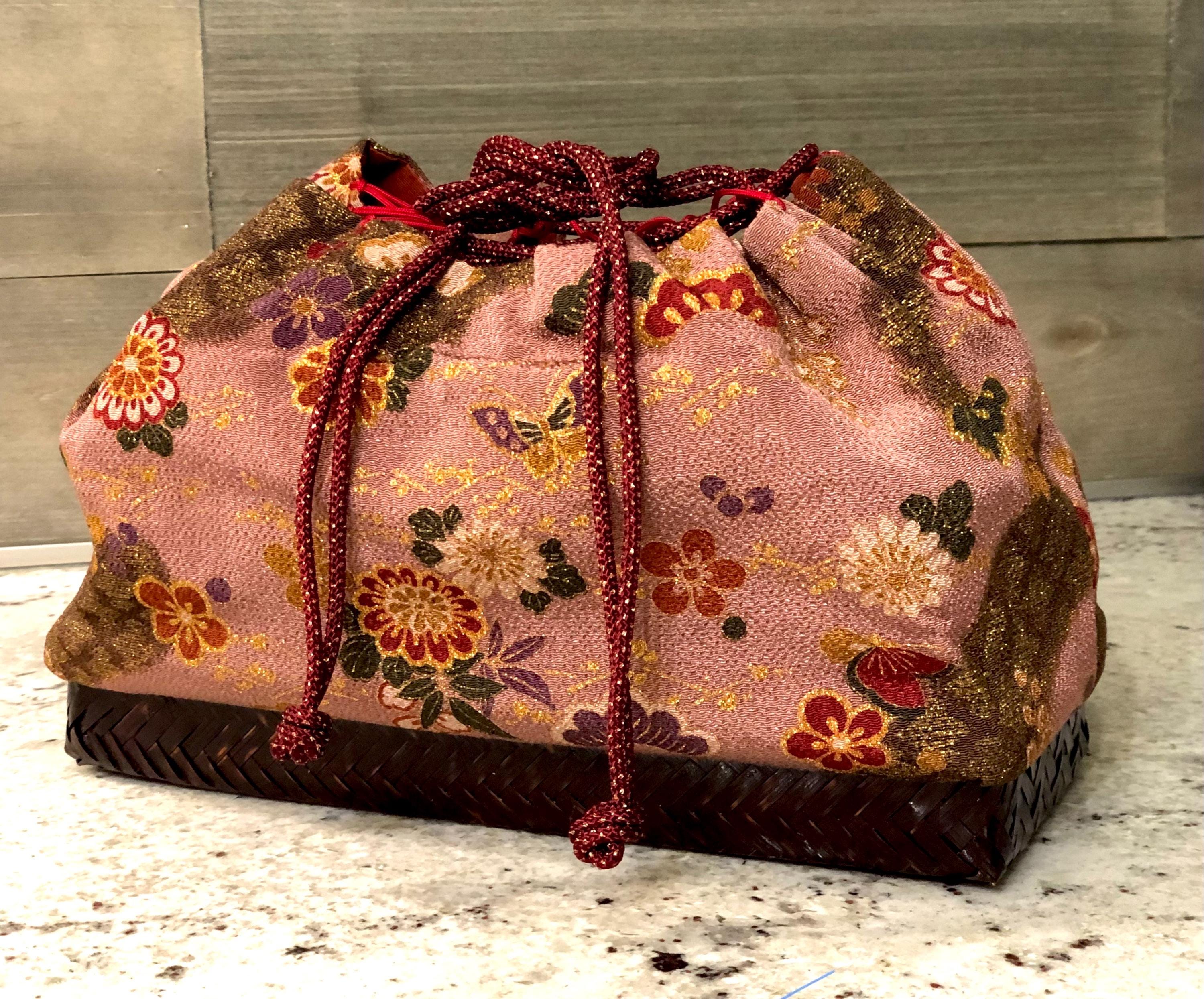 Japanese Kinchaku Draw String Bag With Bamboo Base